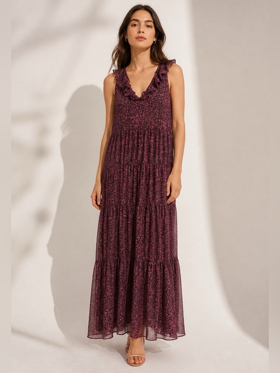 Chelsea28 Dresses & Skirts - Chelsea28 Plum Floral Ruffle-Shoulder Maxi Dress